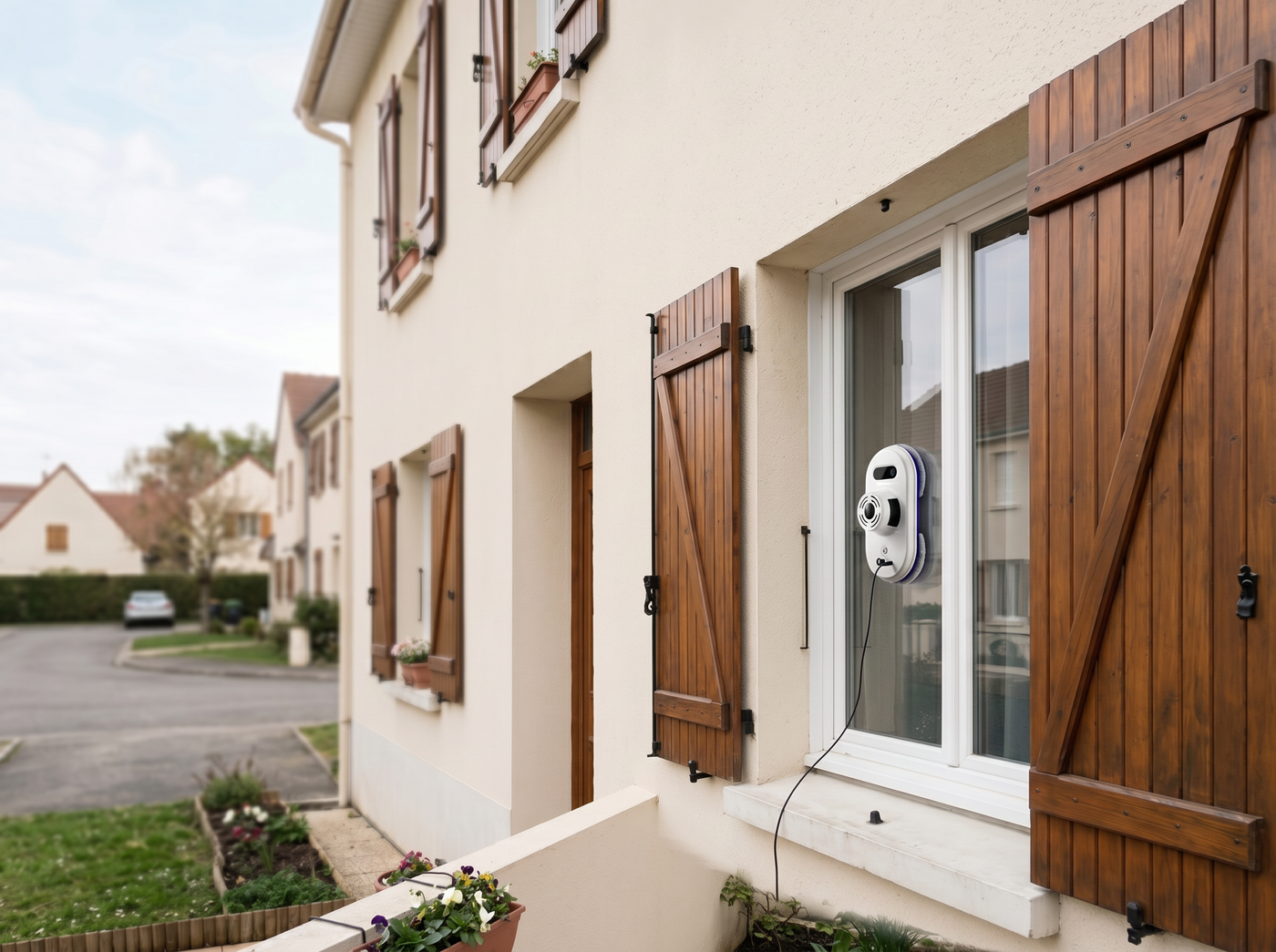 Fenêtres en hauteur d'une maison, nettoyées sans escabeau grâce à un robot lave-vitres