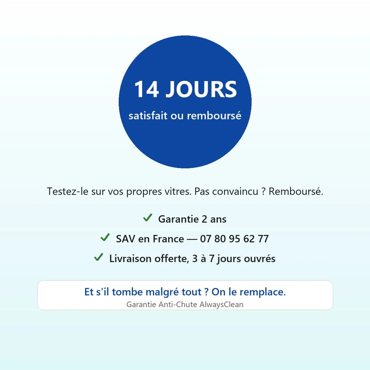 14 jours satisfait ou remboursé, garantie 2 ans, SAV en France, Garantie Anti-Chute