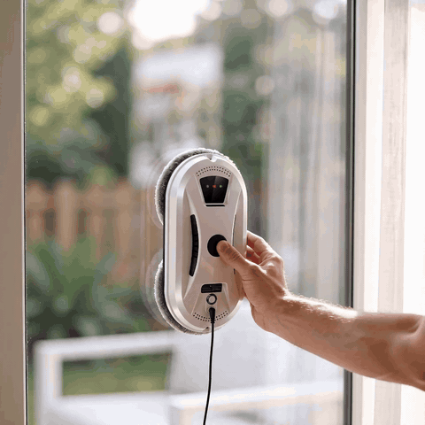 Étape 1 — Posez le robot lave-vitre sur la vitre, il adhère et se met en marche