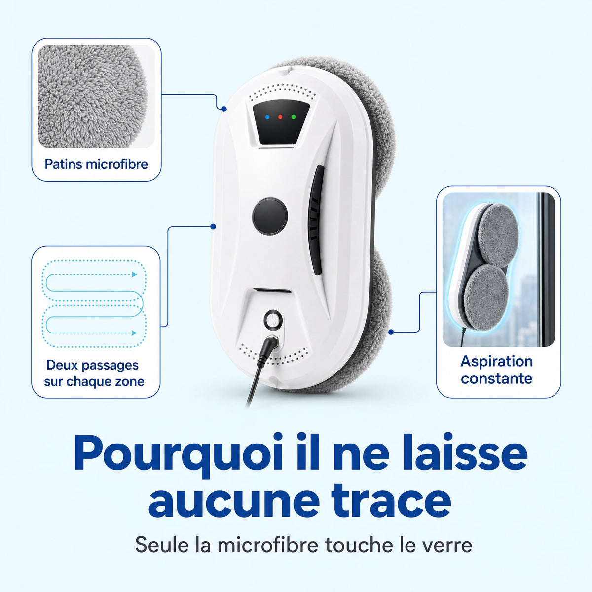 Pourquoi il ne laisse aucune trace : patins microfibre, deux passages, aspiration constante