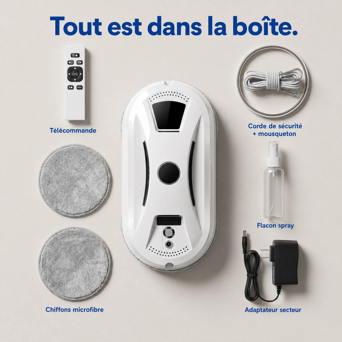 Tout est dans la boîte : corde de sécurité, télécommande, chiffons microfibre, flacon spray, adaptateur